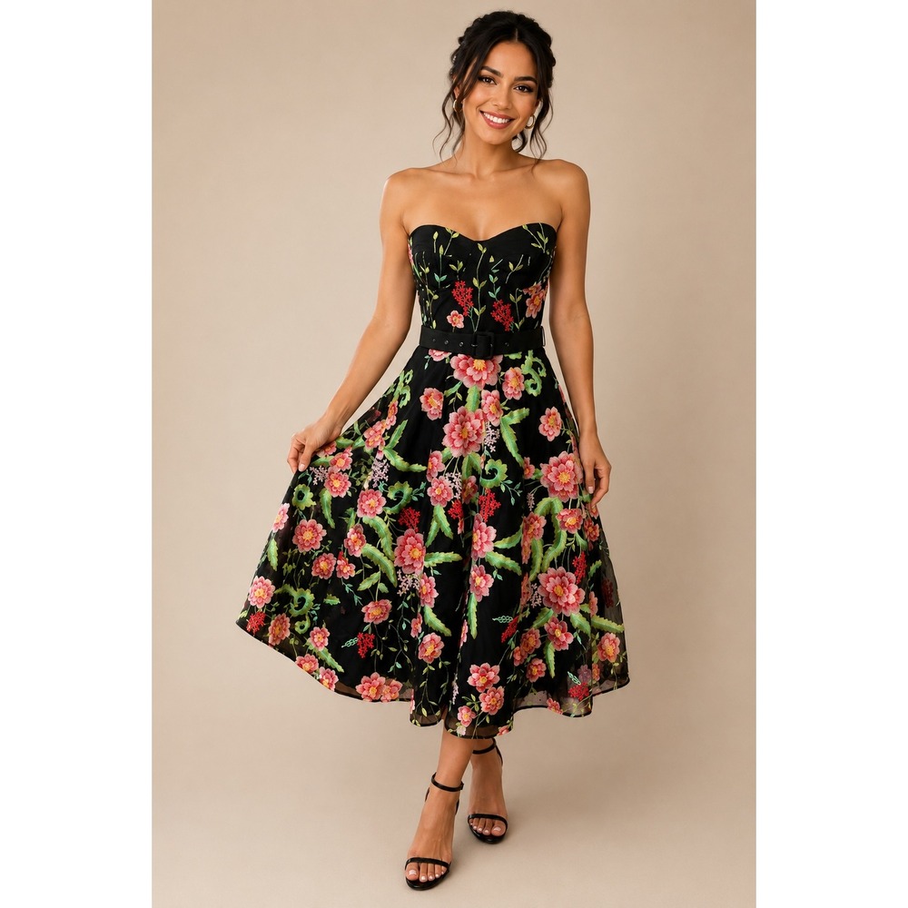 Dress The Population Strapless Floral Embroidered Midi Dress Black Multi Size S